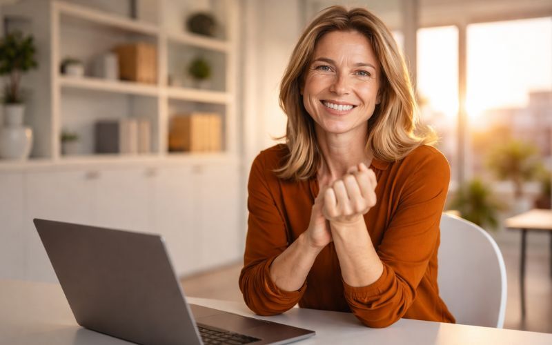 Recruitment consultants reviewing standardized, AI-generated candidate CVs and placement readiness data on a laptop in a professional agency office setting.