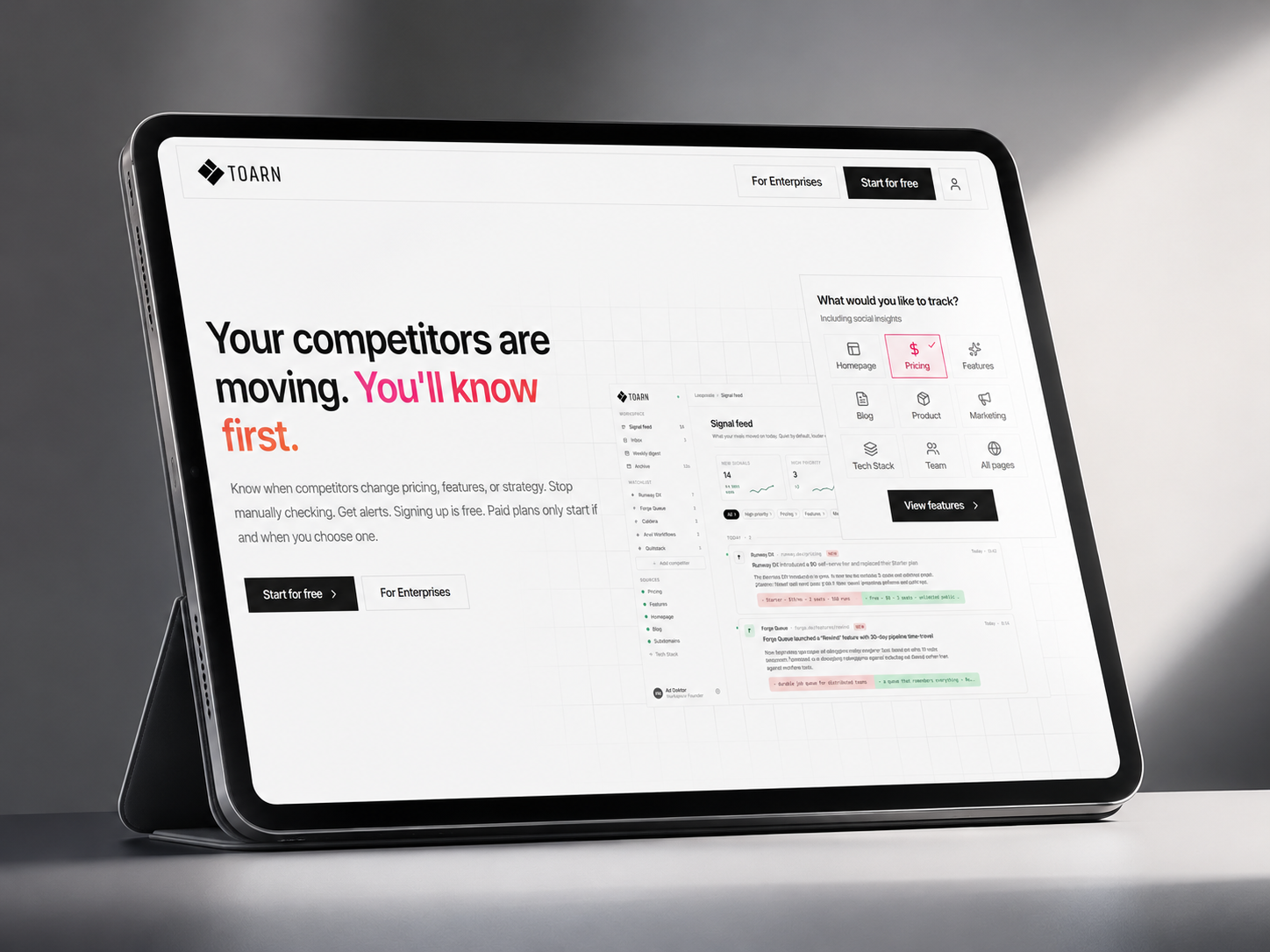 AI-powered competitive intelligence dashboard monitoring competitor pricing, products, and market changes